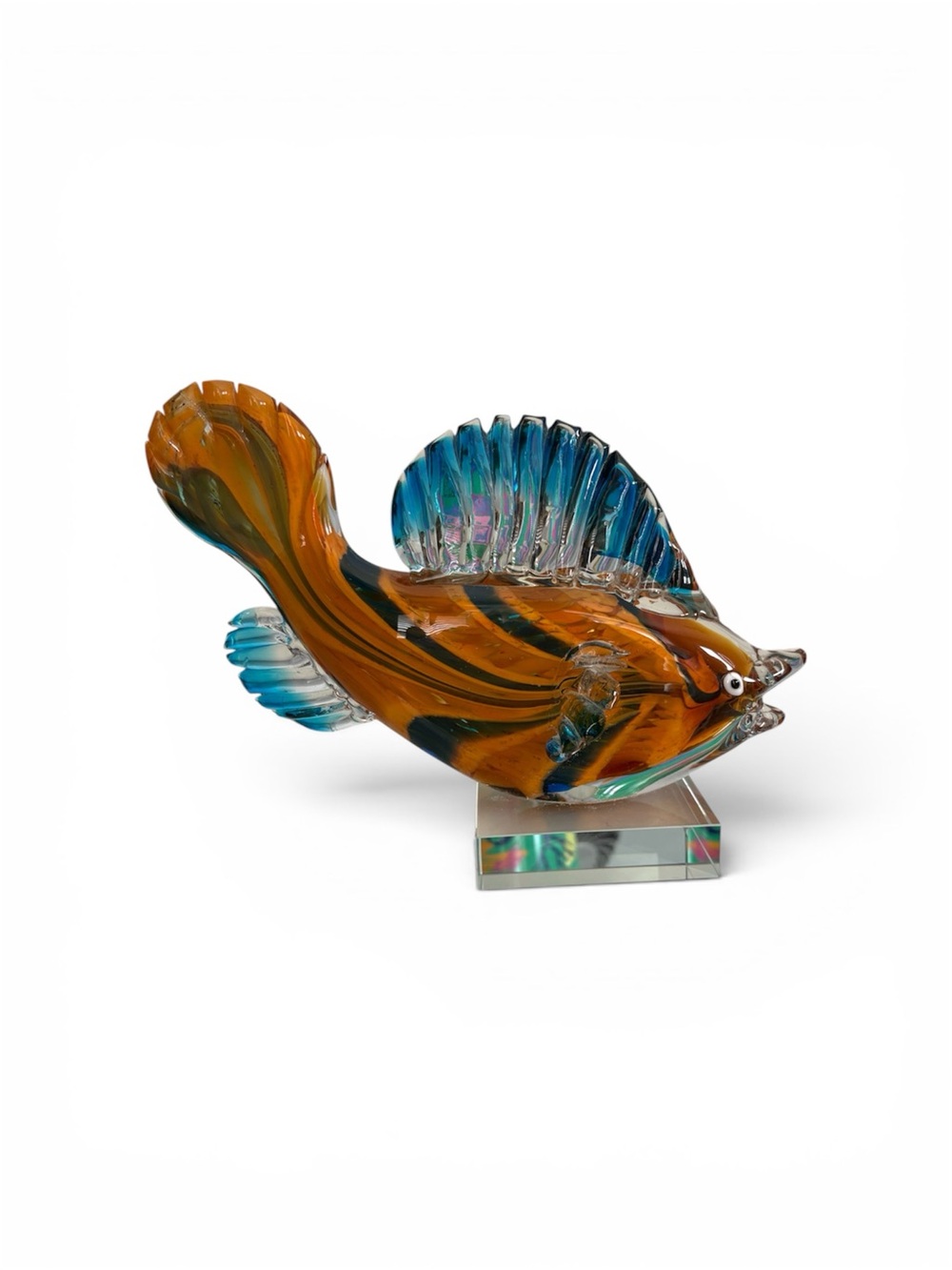 Hand-Blown Glass Tropical Fish Sculpture - Blue & Amber